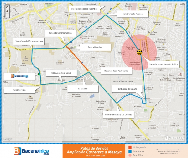 Mapa con rutas de desvíos por ampliación de Carretera a Masaya